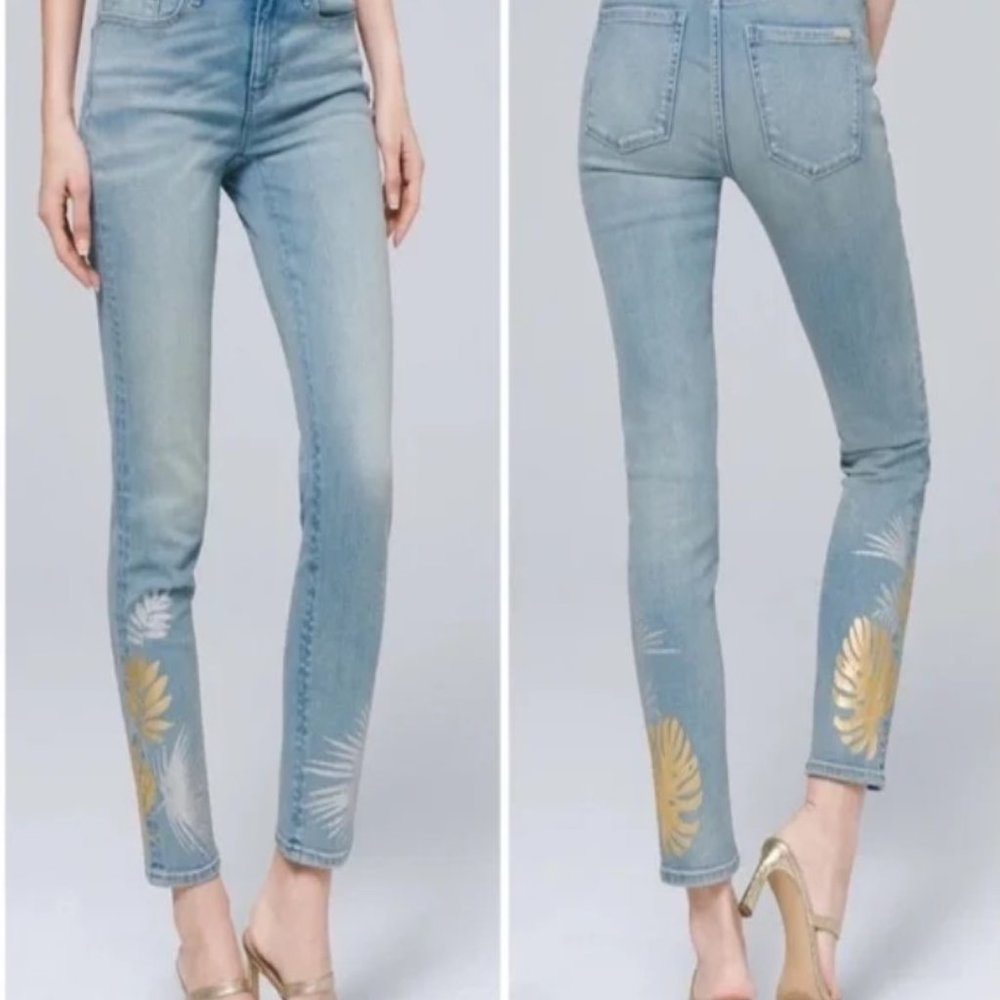 WHBM Slim Crop Mid-Rise Foil Hem Metallic Tropical Palm Denim Ankle Jean NWT